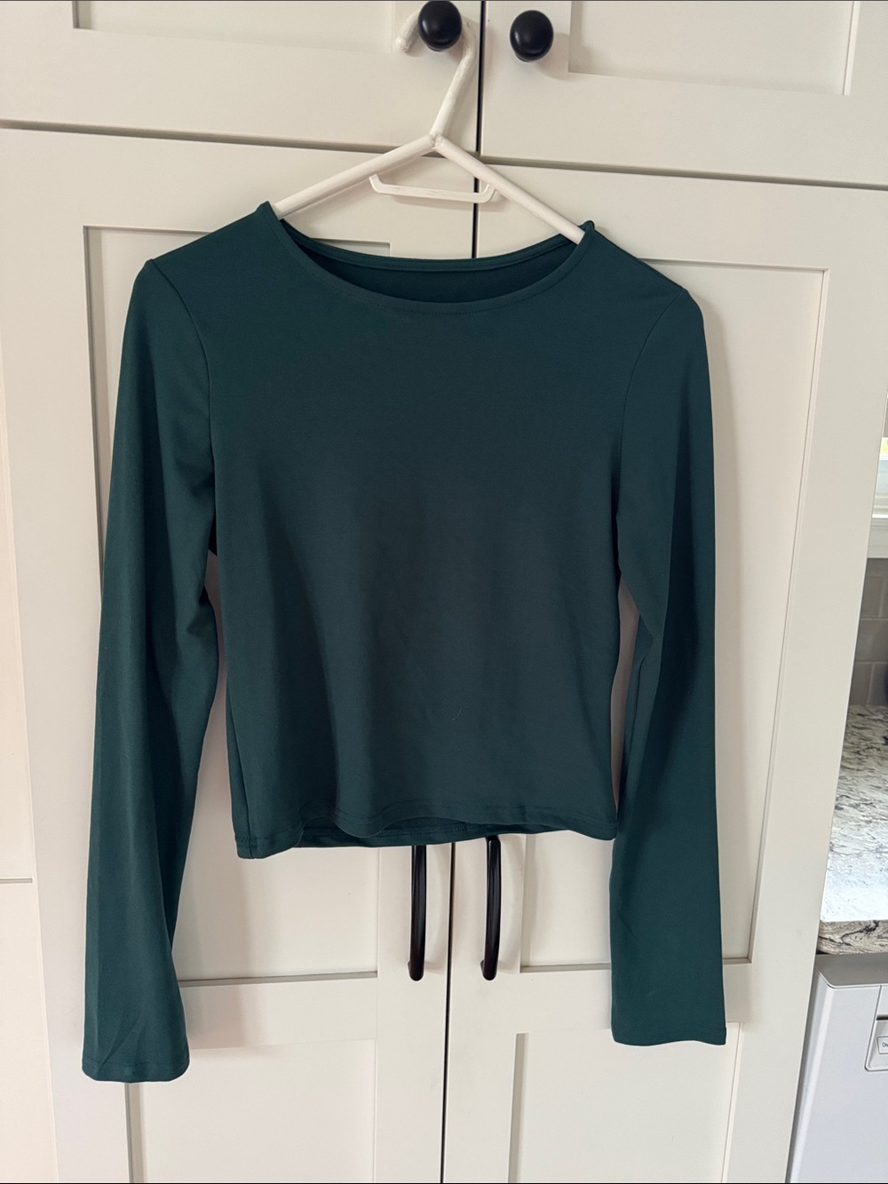 Cropped Long Sleeve Crewneck Top in Dark Teal